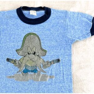 Vintage 1978 YOSEMITE SAM Shirt Kids M Ringer Tee Glitter Looney‎ Toons Graphic